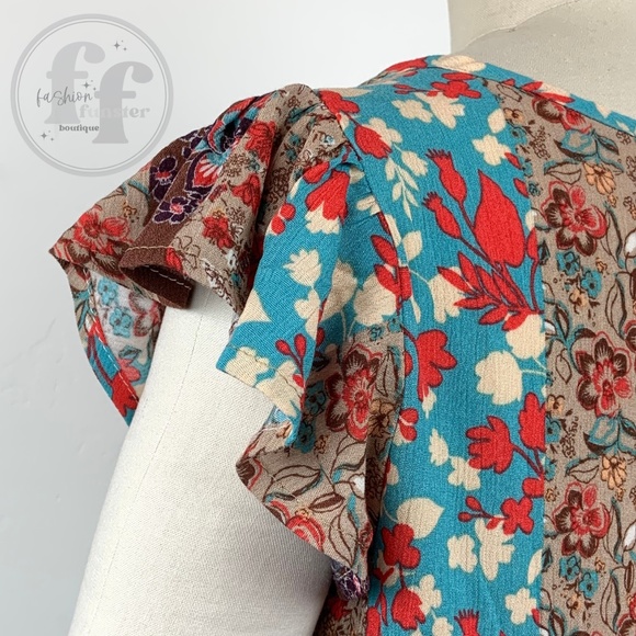Blue B Patchwork Flutter Sleeve Floral Print Short Tiered Mini Swing Tunic Dress - Picture 9 of 15